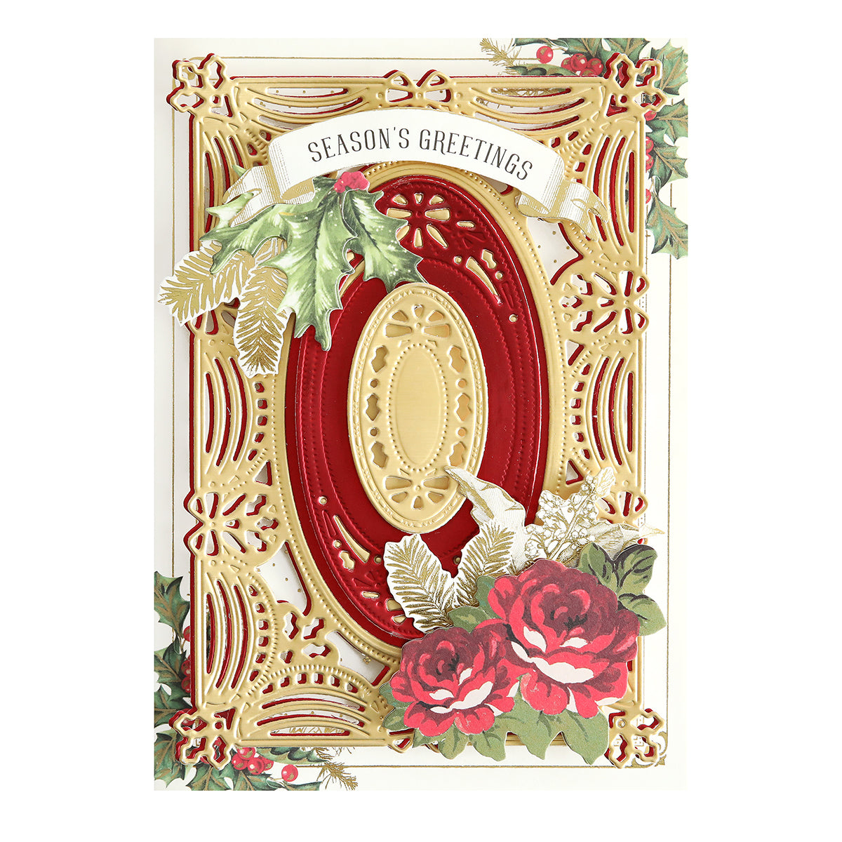 Elegant holiday card crafted from Holiday Tonal and Matte Foil Cardstock featuring gold and red embossed holly, roses, and a "Season's Greetings" banner—ideal for luxurious Christmas projects.