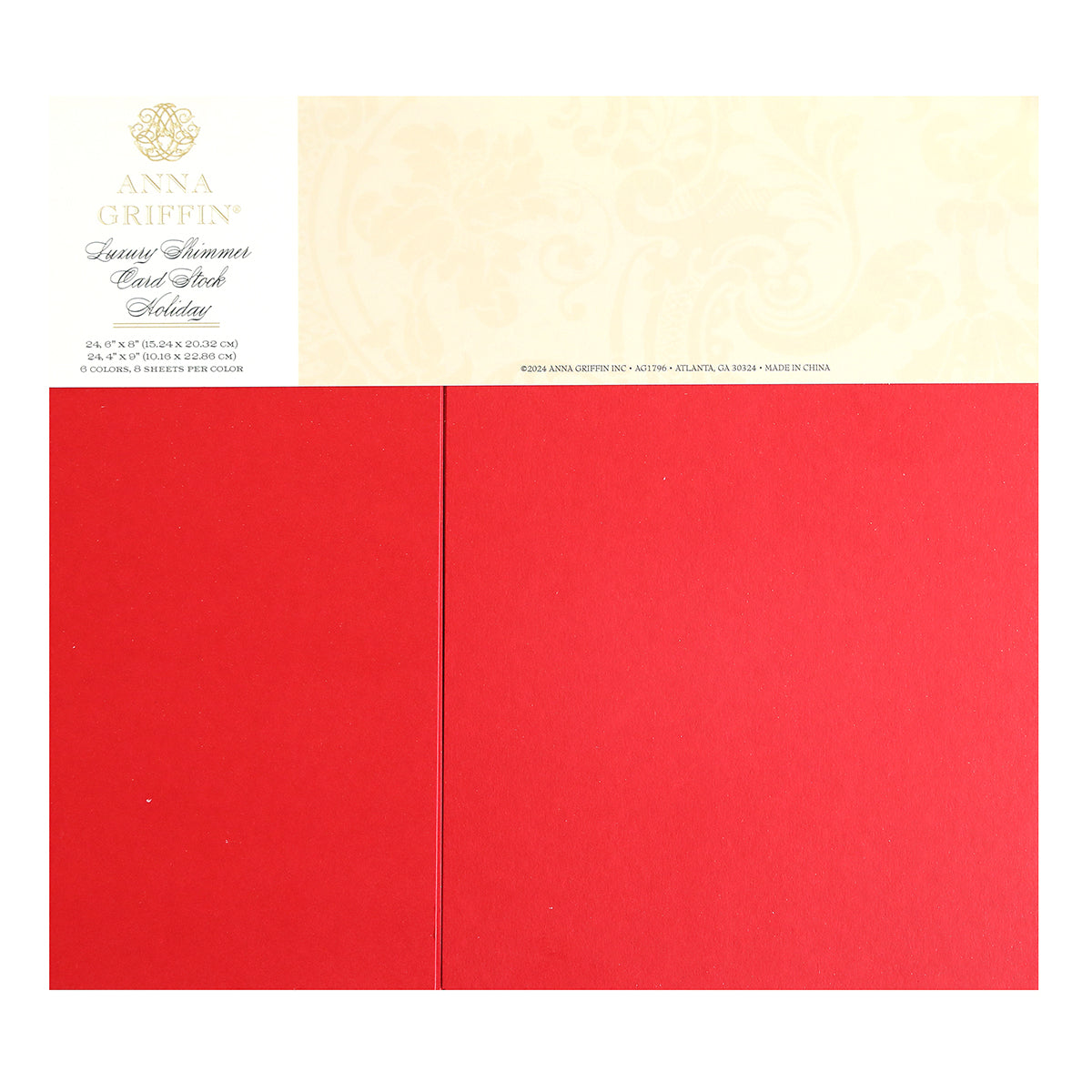 A red Luxury Shimmer Cardstock - Holiday sheet with a decorative label at the top reading "Anna Griffin," featuring floral design details and product information, perfect for creating elegant handmade cards and intricate die cut projects.