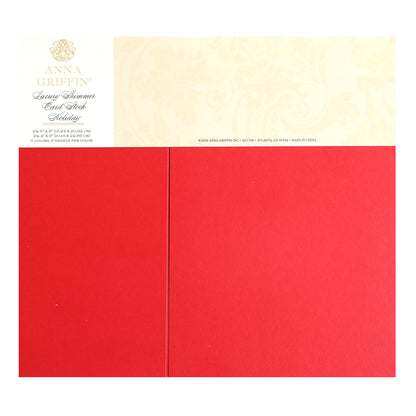 A red Luxury Shimmer Cardstock - Holiday sheet with a decorative label at the top reading "Anna Griffin," featuring floral design details and product information, perfect for creating elegant handmade cards and intricate die cut projects.