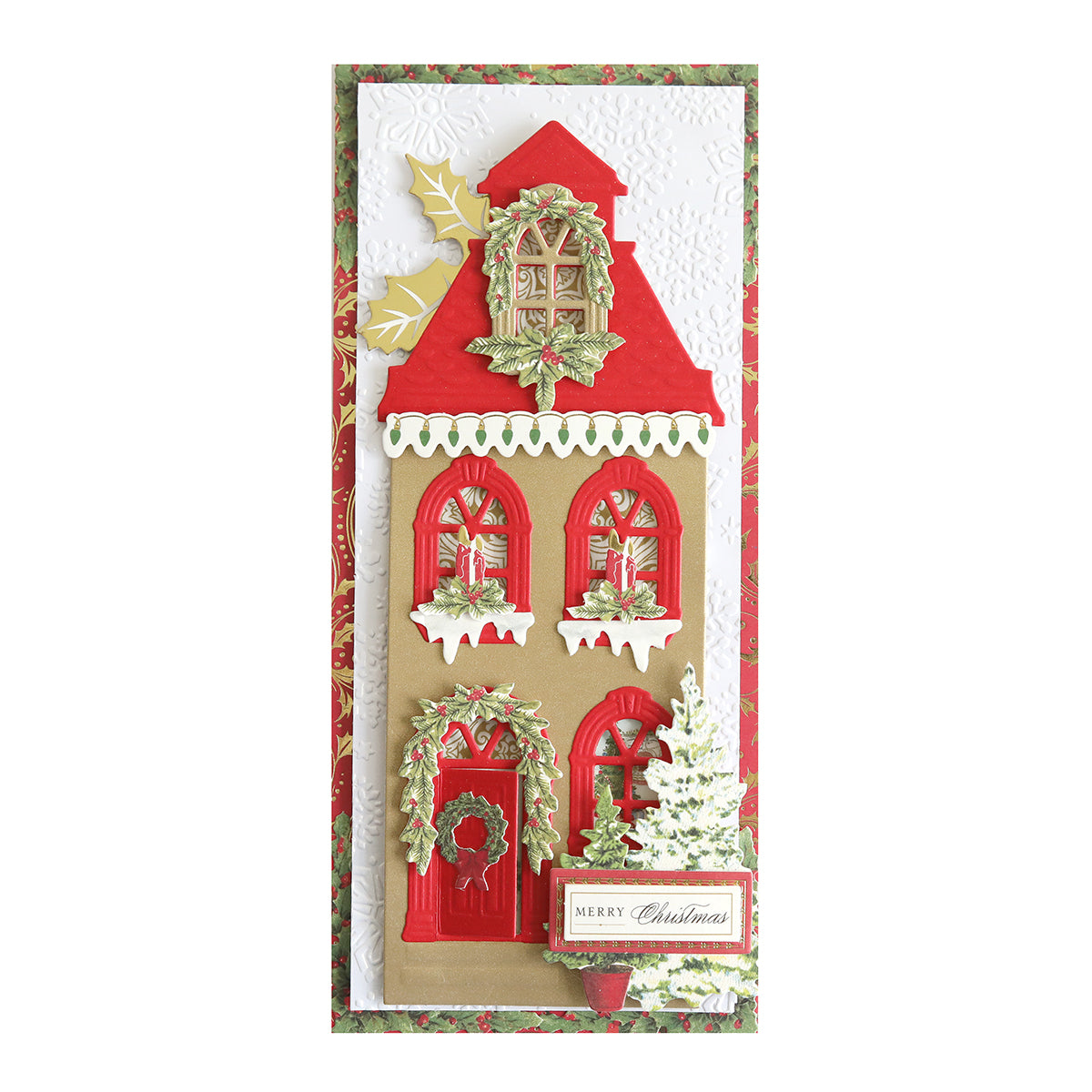 A vertical holiday card showcasing a red and beige house with a white snow-covered roof, decorated with wreaths and greenery, all crafted on Luxury Shimmer Cardstock - Holiday, featuring "Merry Christmas" elegantly written on the lower right.