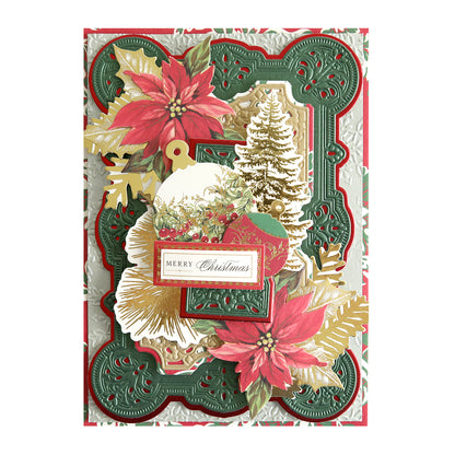 A decorated Christmas card featuring red poinsettias, tree motifs, and a "Merry Christmas" message on an ornate green and red background, all crafted from Luxury Shimmer Cardstock - Holiday.