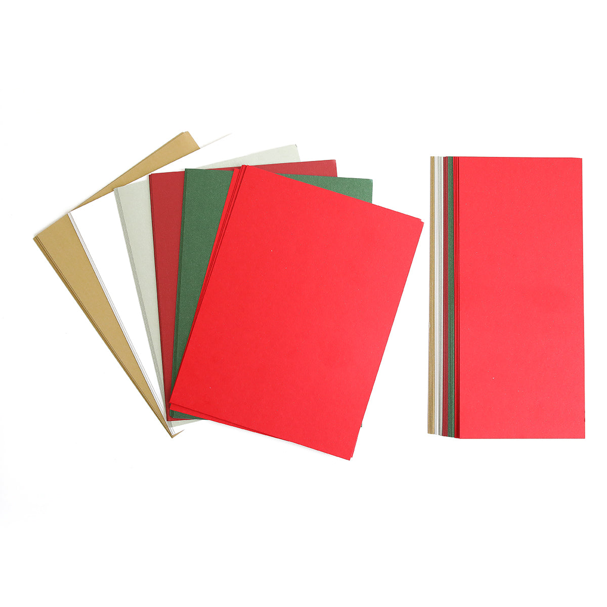 Two stacks of rectangular sheets of paper in various colors, including red, green, beige, and brown, are arranged against a white background. Perfect for crafting handmade cards or using as Luxury Shimmer Cardstock - Holiday for an elegant touch.