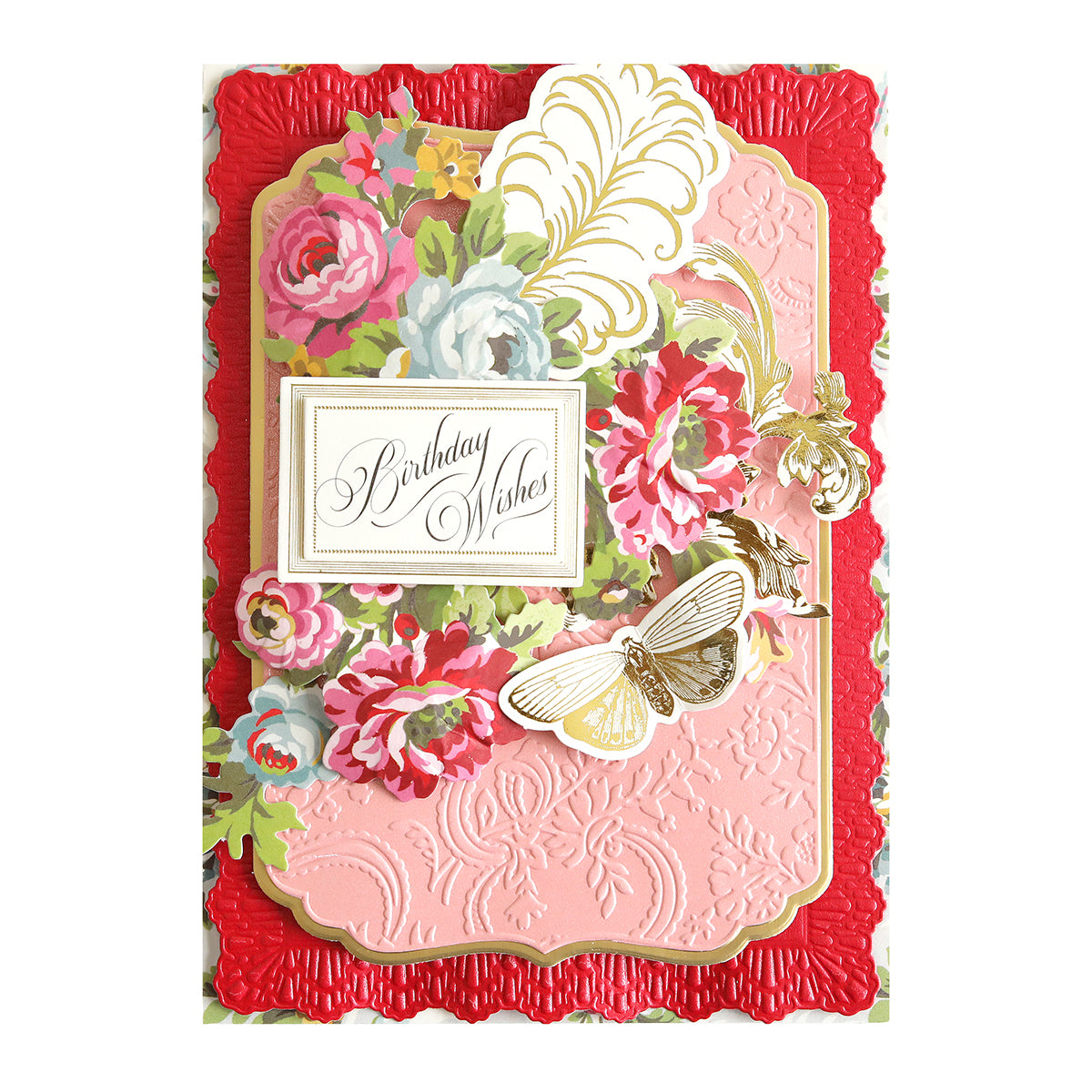 This handmade birthday card, crafted on Luxury Shimmer Cardstock - Lovely, showcases intricate floral designs and a delicate butterfly set against embossed pink and red backgrounds. It elegantly features "Birthday Wishes," making it a truly special keepsake.