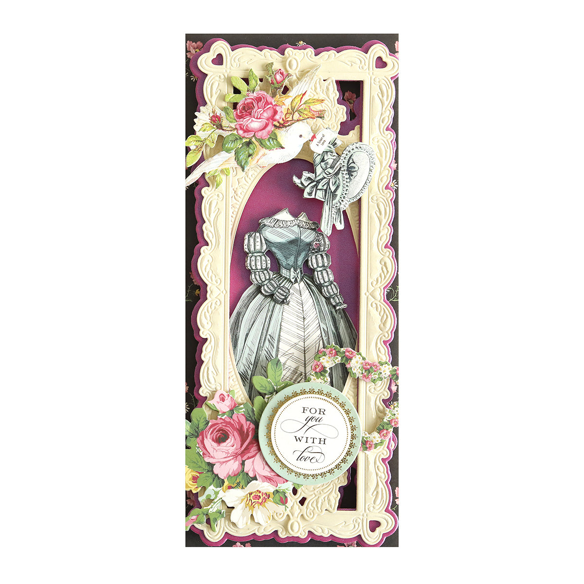 A detailed handmade card featuring a vintage dress design embossed on the Lovely luxury shimmer cardstock, embellished with pink roses and an ornate frame that gently says "For You With Love.