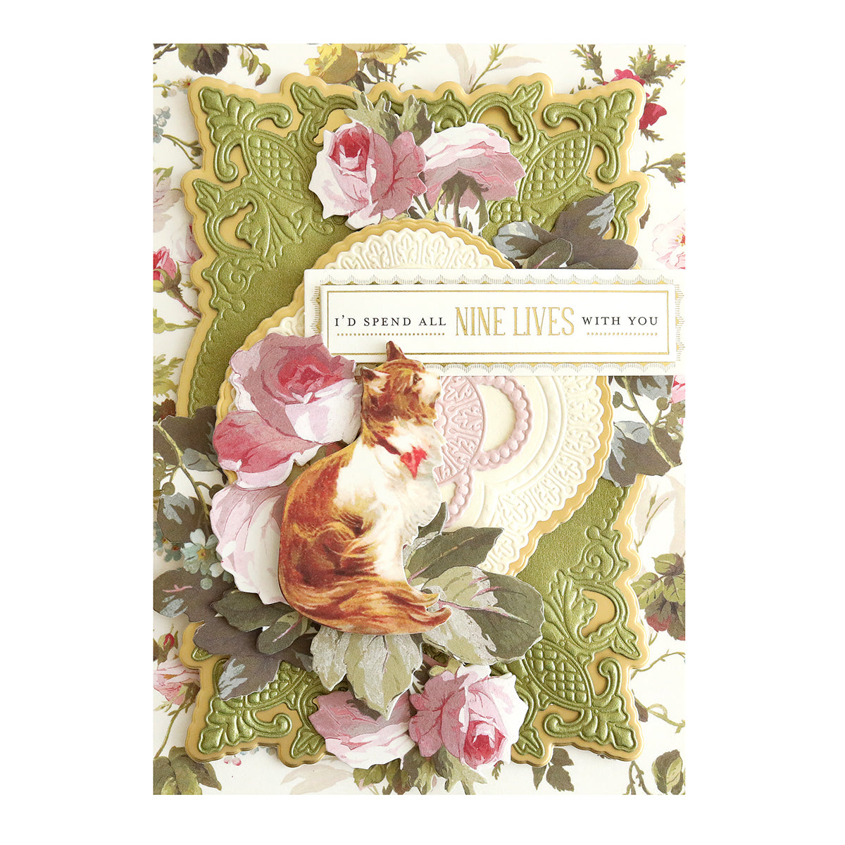 Greeting card featuring a die-cut cat image, adorned with floral designs and elegant text stating "I'd spend all nine lives with you," printed on Luxury Shimmer Cardstock - Antique.