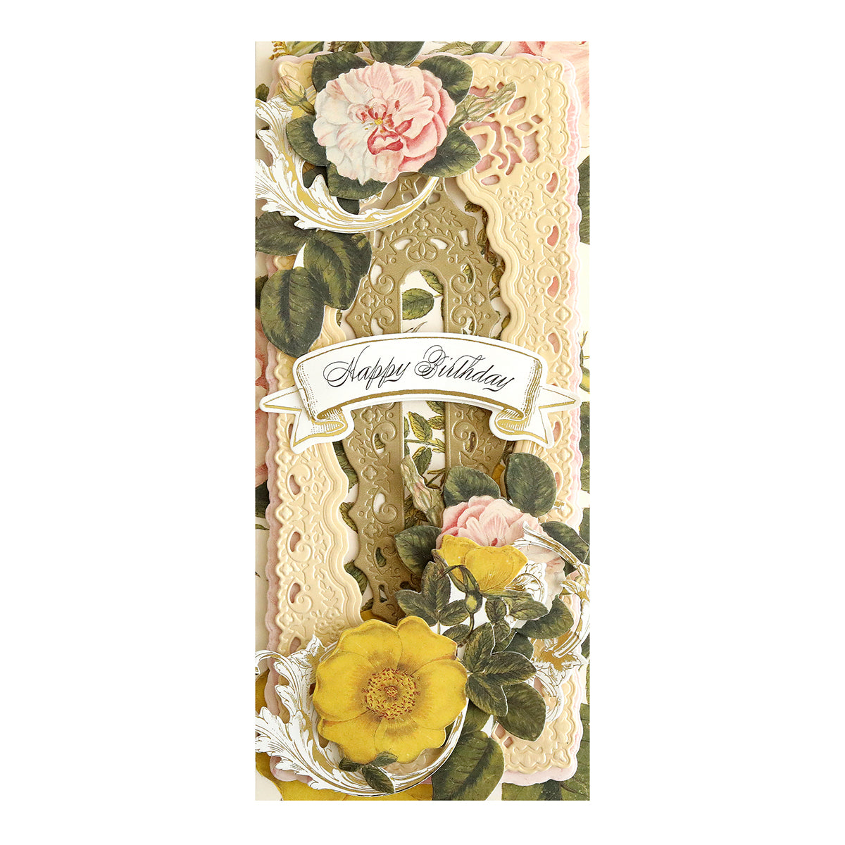 A floral birthday card crafted with Antique Luxury Shimmer Cardstock, highlighting intricate lace details and embossed pink and yellow flowers that frame "Happy Birthday" on a gold and cream background. Its elegance is enhanced by delicate die-cut touches.