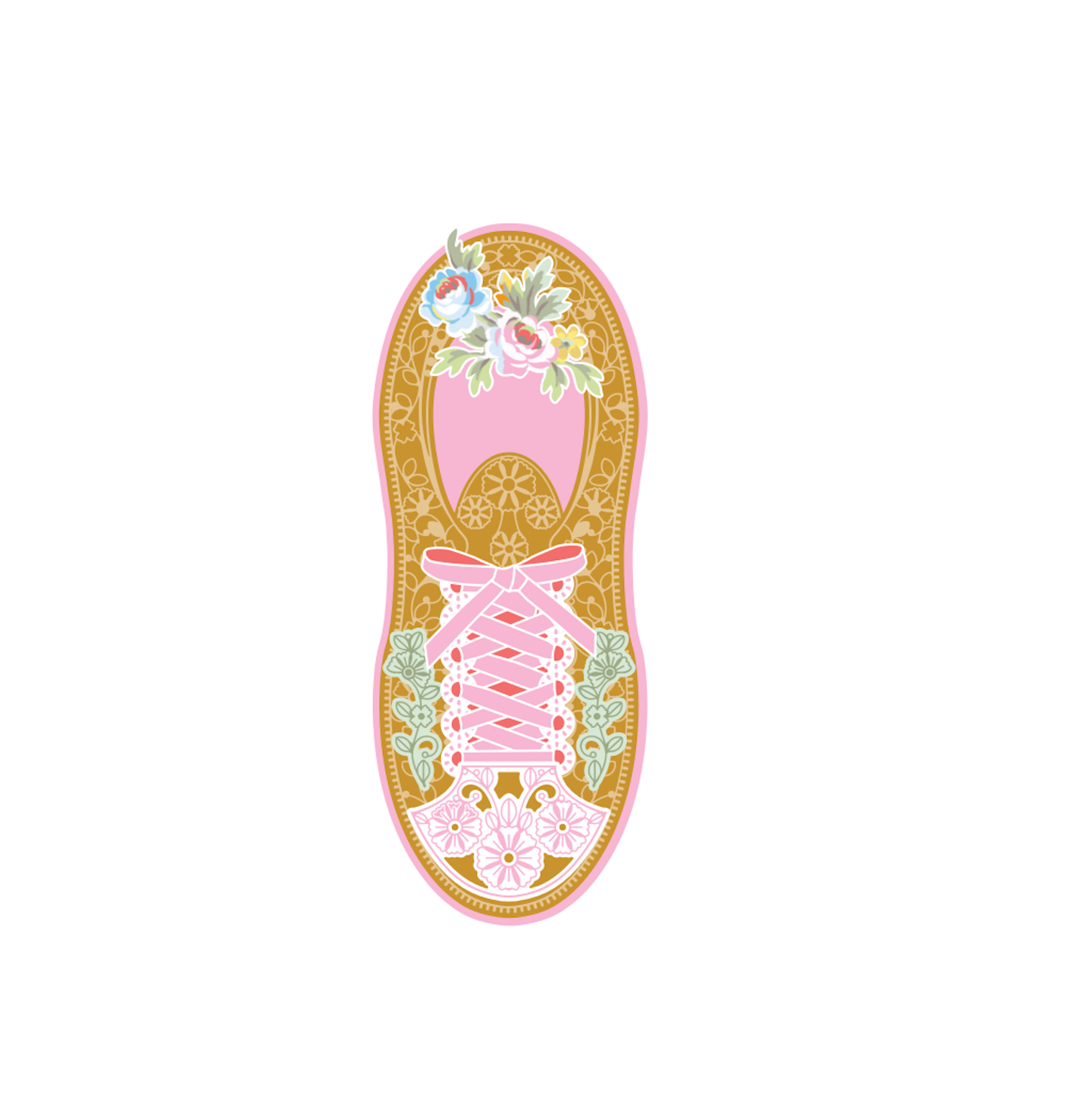 Illustration of a decorative sandal with floral and geometric patterns, featuring the Members Only Badge April 2024 heat transfer patches.