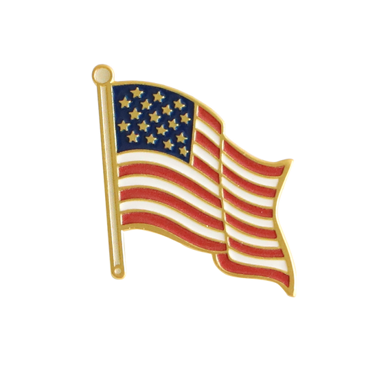 The Members Only July 2026 Pin is a gold-trimmed enamel pin shaped like the United States flag, featuring red and white stripes and a blue field of stars. This exclusive 2026 pin is free with purchase and grants you special access to Members Only livestreams.