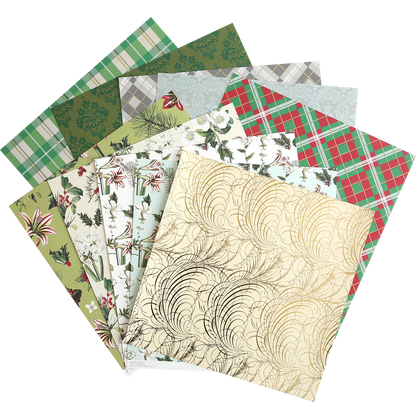 The Mystery Christmas 12x12 Cardstock features high-quality sheets with florals, plaids, and gold swirls on cream—ideal for festive crafting projects.