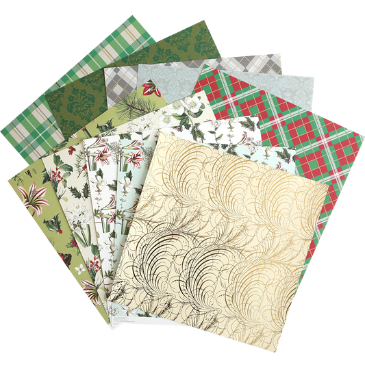 The Mystery Christmas 12x12 Cardstock features high-quality sheets with florals, plaids, and gold swirls on cream—ideal for festive crafting projects.