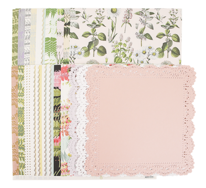 The Mystery Botanical 12x12 Cardstock features premium decorative sheets adorned with botanical prints, some with delicate lace-inspired edges, all neatly stacked—ideal for a variety of crafting projects.