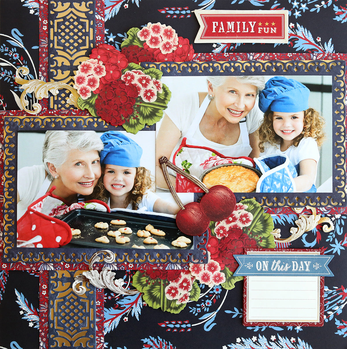A scrapbook page with a vintage spirit, featuring a photo of a family in the kitchen. The page is adorned with patriotic embellishments from the Madison Paper Crafting Collection.