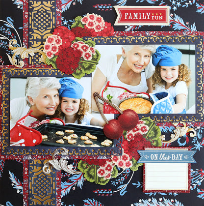 A scrapbook page with a vintage spirit, featuring a photo of a family in the kitchen. The page is adorned with patriotic embellishments from the Madison Paper Crafting Collection.