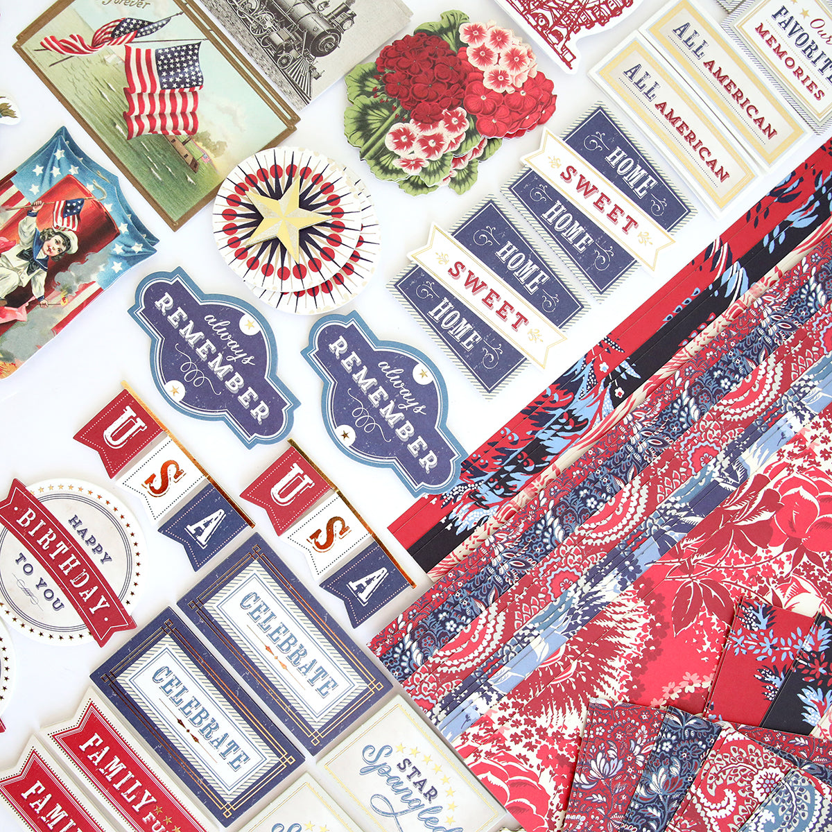 The Madison Paper Crafting Collection is a collection of patriotic embellishments on a white surface.