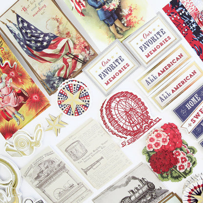 A collection of patriotic cards and stickers from the Madison Paper Crafting Collection on a white surface.