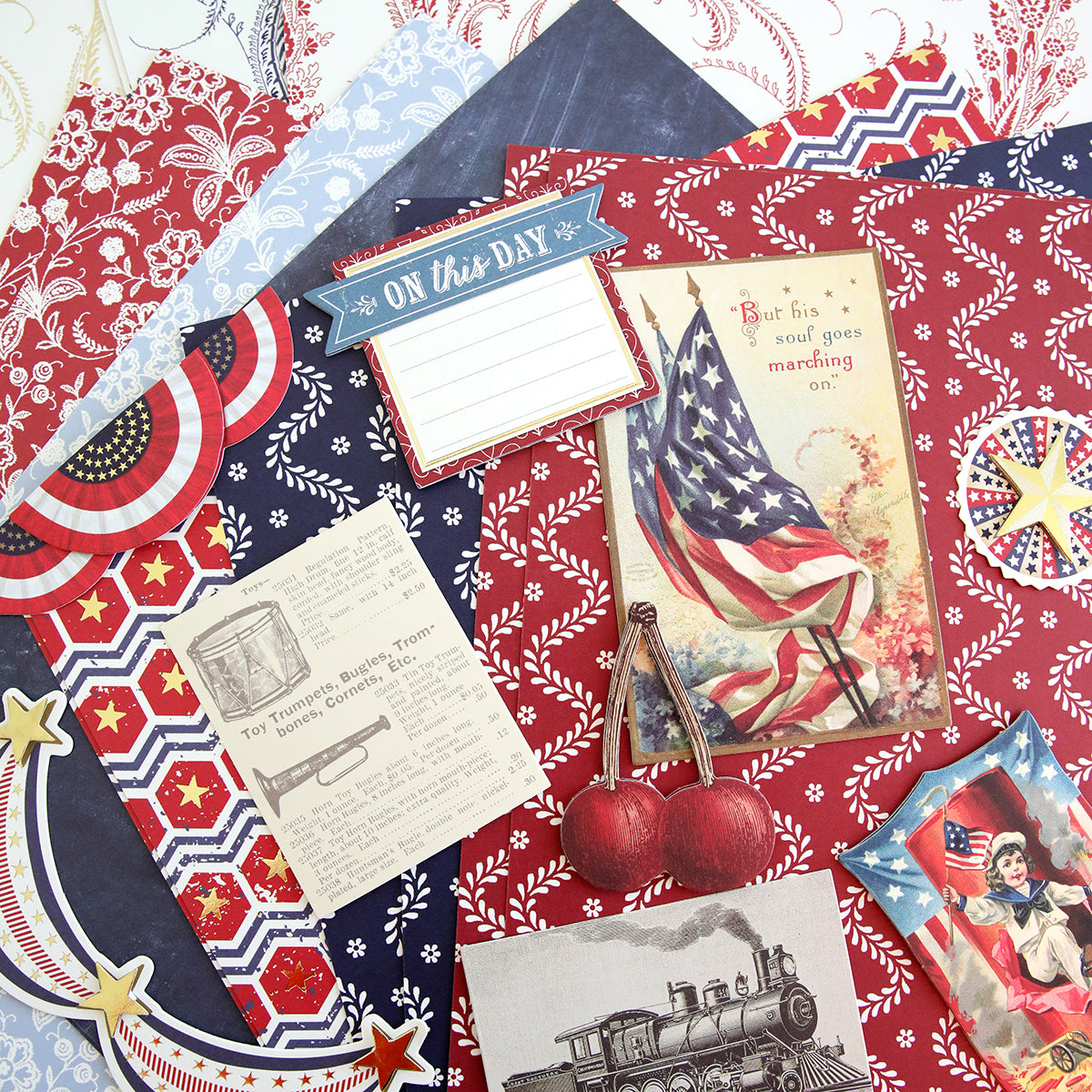 Vintage-inspired 4th of July scrapbooking kit featuring the Madison Paper Crafting Collection and cherry red accents.