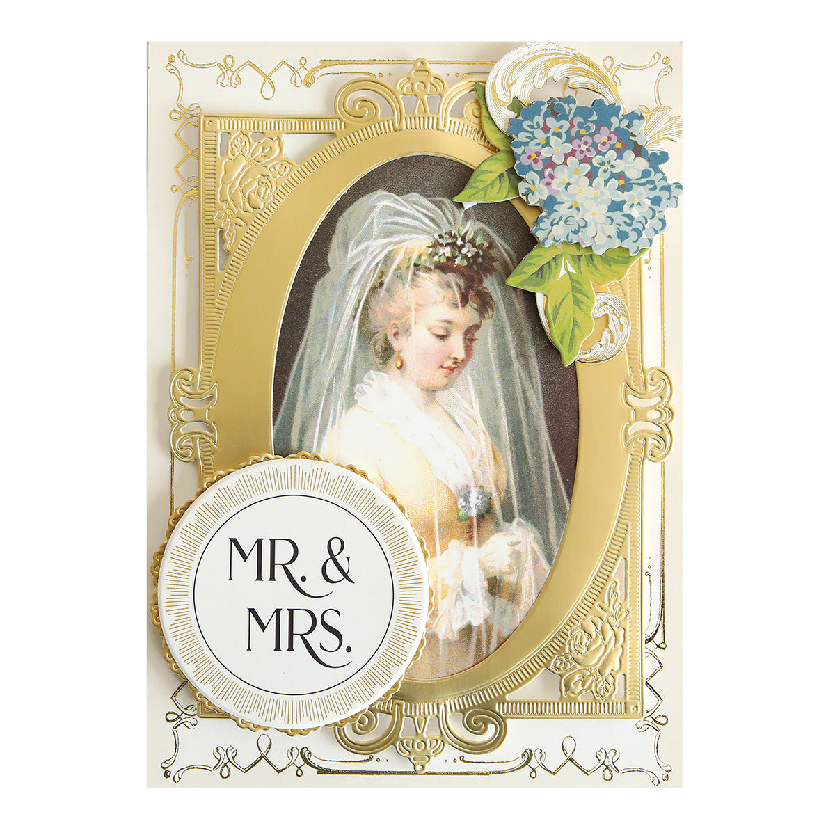 Marvelous Milestones Rub On Sentiments: Vintage-style wedding card with "MR. & MRS.", featuring a bride's portrait in a gold ornate frame and blue floral accents—ideal for handmade cards or memory-keeping projects.