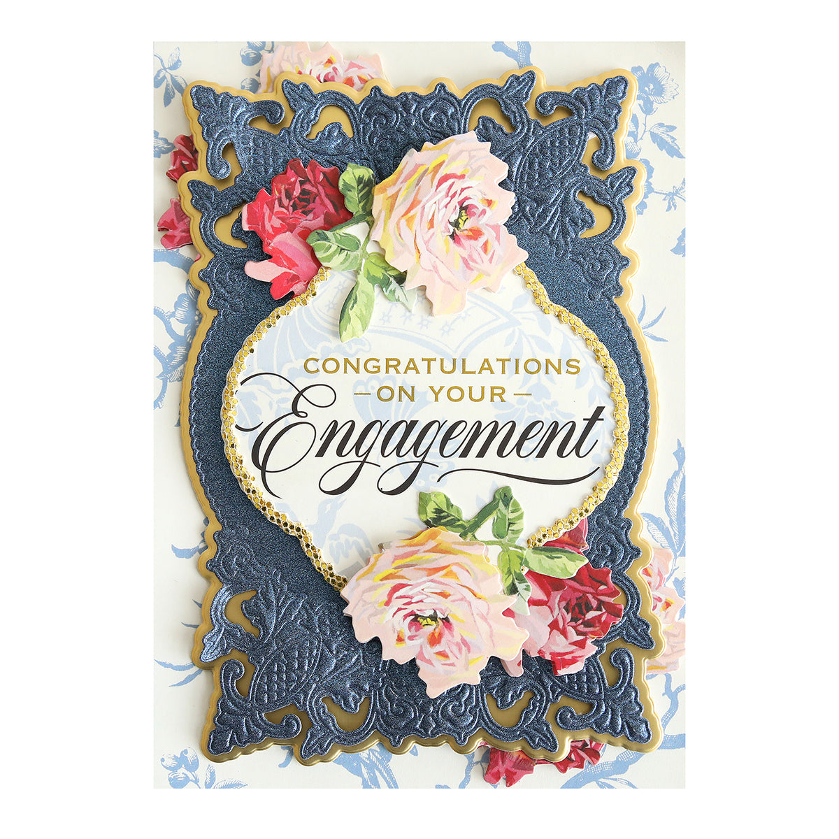 The Marvelous Milestones Rub On Sentiments features an ornate blue and gold border, pink roses, and "Congratulations on your Engagement"—ideal for handmade cards or memory-keeping projects.