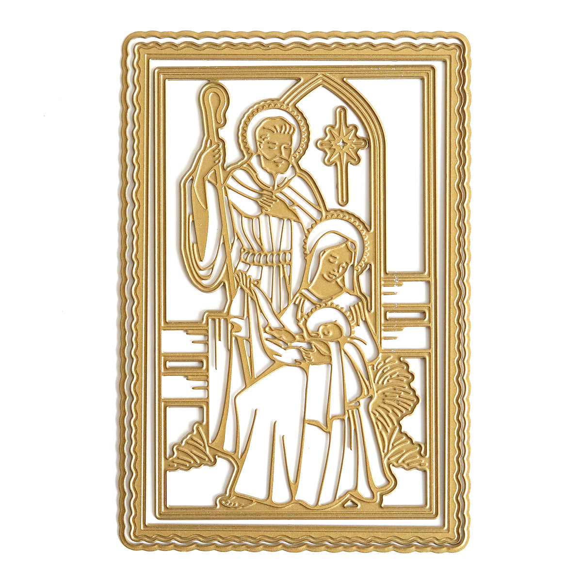 Gold-colored metal ornament made with the Mary and Joseph 3D Die Set, featuring a Christmas nativity scene of Mary, Joseph, and baby Jesus under a star within an ornate rectangular border.
