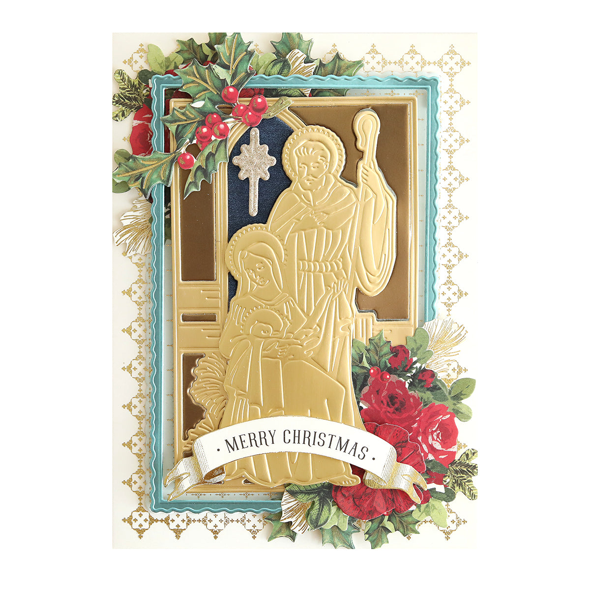 Christmas card with gold-embossed nativity figures inspired by the Mary and Joseph 3D Die Set, red flowers, holly, a star, and “Merry Christmas” on a decorative patterned background.