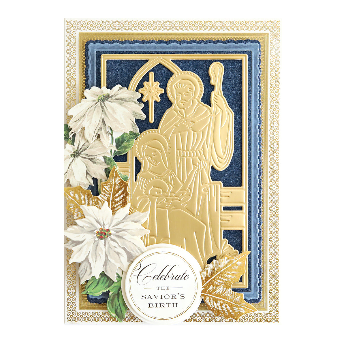 A decorative card made with the Mary and Joseph 3D Die Set, gold-embossed nativity scene, poinsettias, and the text "Celebrate The Savior's Birth.