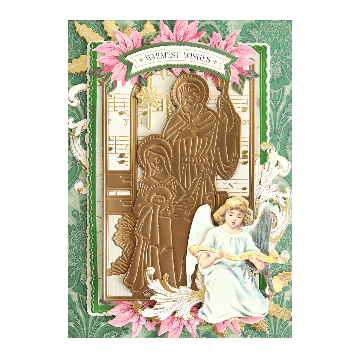Send heartfelt holiday greetings with the Mary and Joseph 3D Die Set, featuring a nativity scene of Mary, Joseph, and baby Jesus with embossed details, musical angel, sheet music, pink flowers, and a "Warmest Wishes" banner on green background.