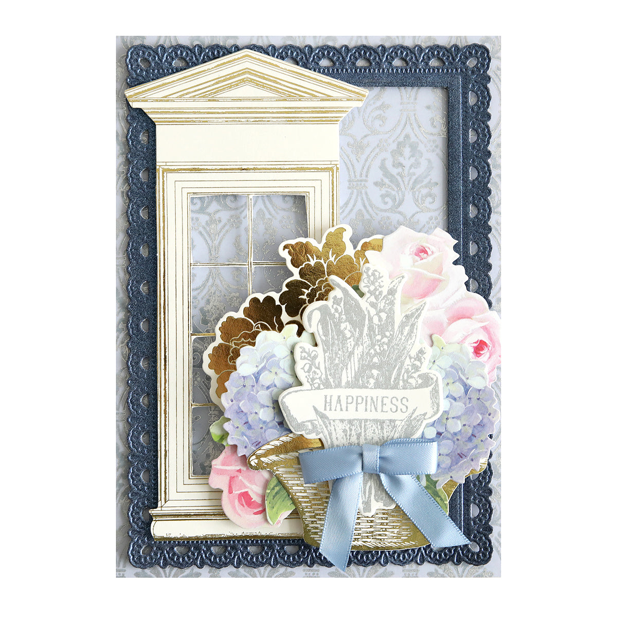 3d greeting card featuring an ornate door, surrounded by colorful paper flowers and a "happiness" label stamped with Metallic Ink Pads with Stamp Cleaner, bordered by a detailed lace frame.