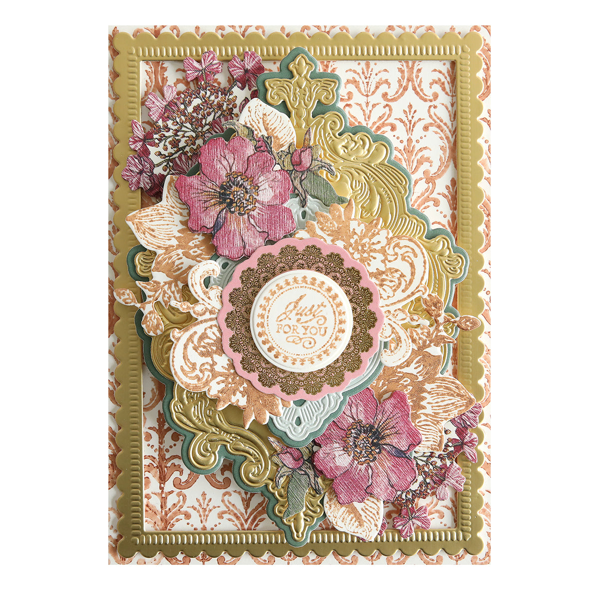 Intricate greeting card with ornate gold borders and floral patterns, centered with a circular "just for you" Metallic Ink Pads with Stamp Cleaner label.