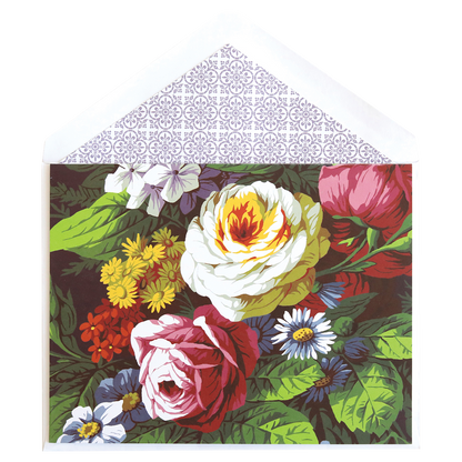 An Astrid Floral Blank Notecard with a foil accent, open to show the inside lining.