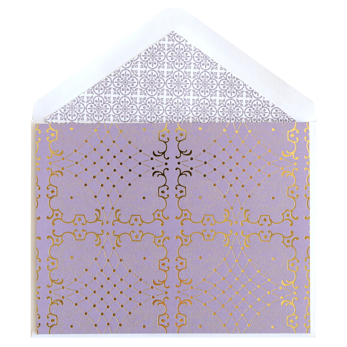 An open Astrid Lavender Blank Notecard with a patterned gold interior and foil accent.