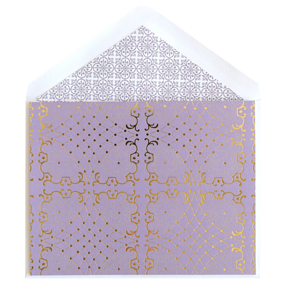 An open Astrid Lavender Blank Notecard with a patterned gold interior and foil accent.