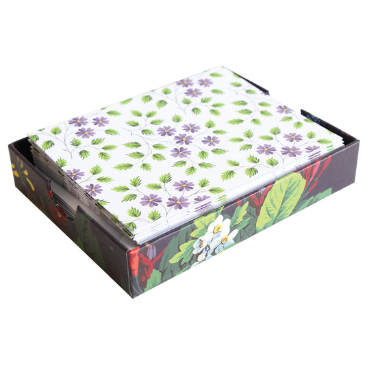 A floral-patterned Astrid Purple Flowers Blank Notecard shoebox with the lid slightly ajar, its interior revealing decorative cards.