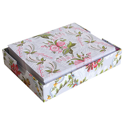 A white box with a Phoebe Pink Flowers Blank Notecard design on it, perfect for storing decorative cards and envelopes.