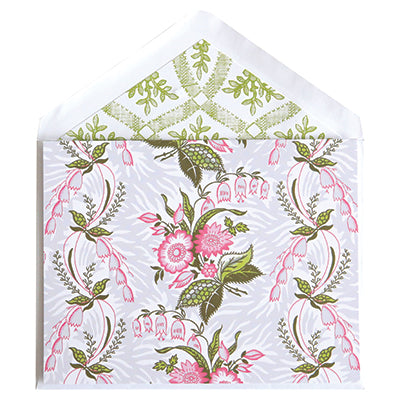 A white Phoebe Pink Flowers Blank Notecard with a pink and green floral pattern, perfect for decorative cards.