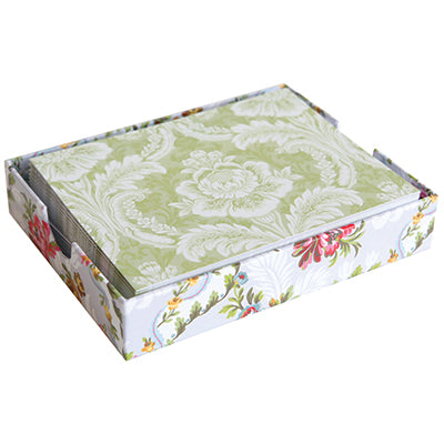 A decorative Phoebe Green Damask Blank Notecard with a floral pattern on it.