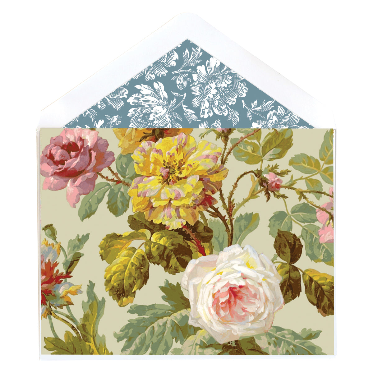 The Francesca Floral Note Cards include a decorative card folded inside a lined envelope, featuring pink, yellow, and green roses and leaves. The inner envelope is adorned with a blue and white floral pattern for added charm.