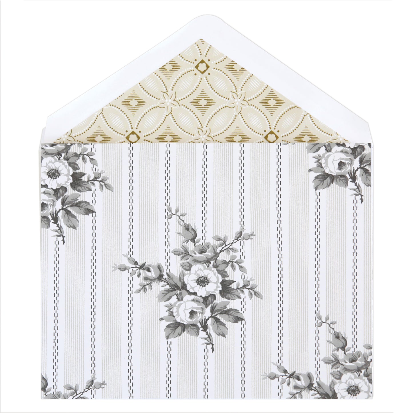 The Bouquet Stripe Folded A2 Note Cards feature open envelopes with gold geometric lining and a black-and-white floral striped exterior—ideal for elegant blank cardmaking bases or unique stationery gifts.