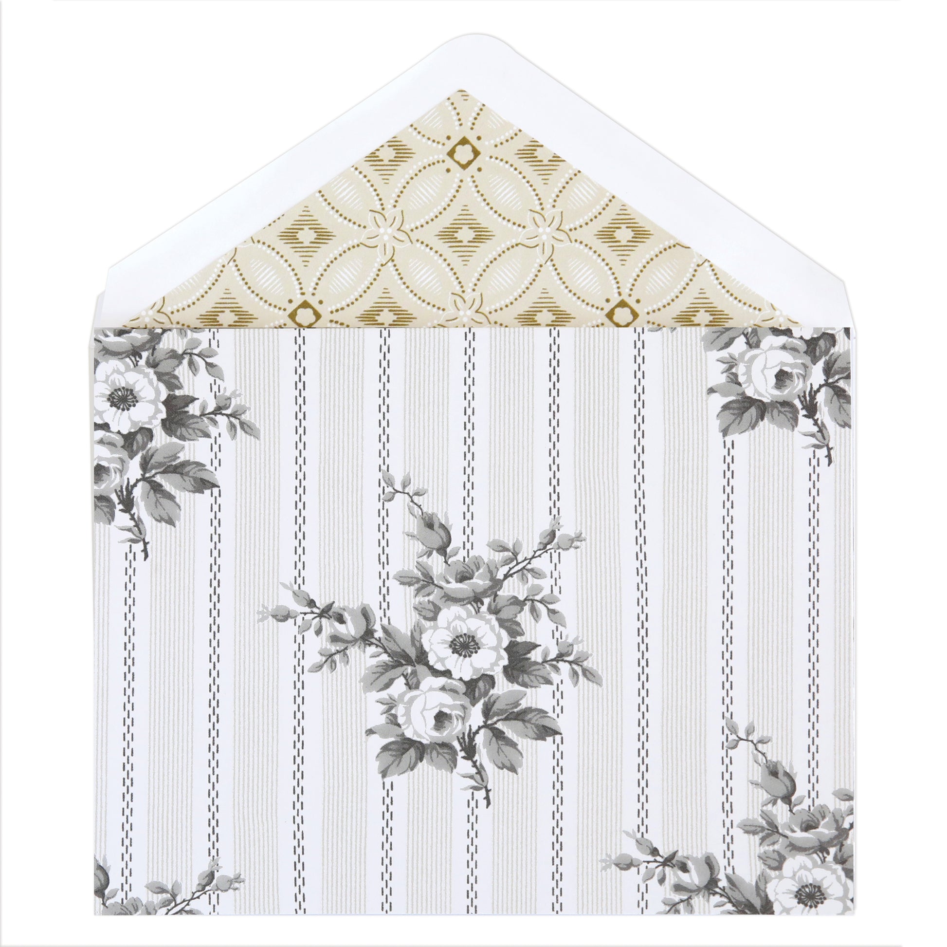 The Bouquet Stripe Folded A2 Note Cards feature open envelopes with gold geometric lining and a black-and-white floral striped exterior—ideal for elegant blank cardmaking bases or unique stationery gifts.