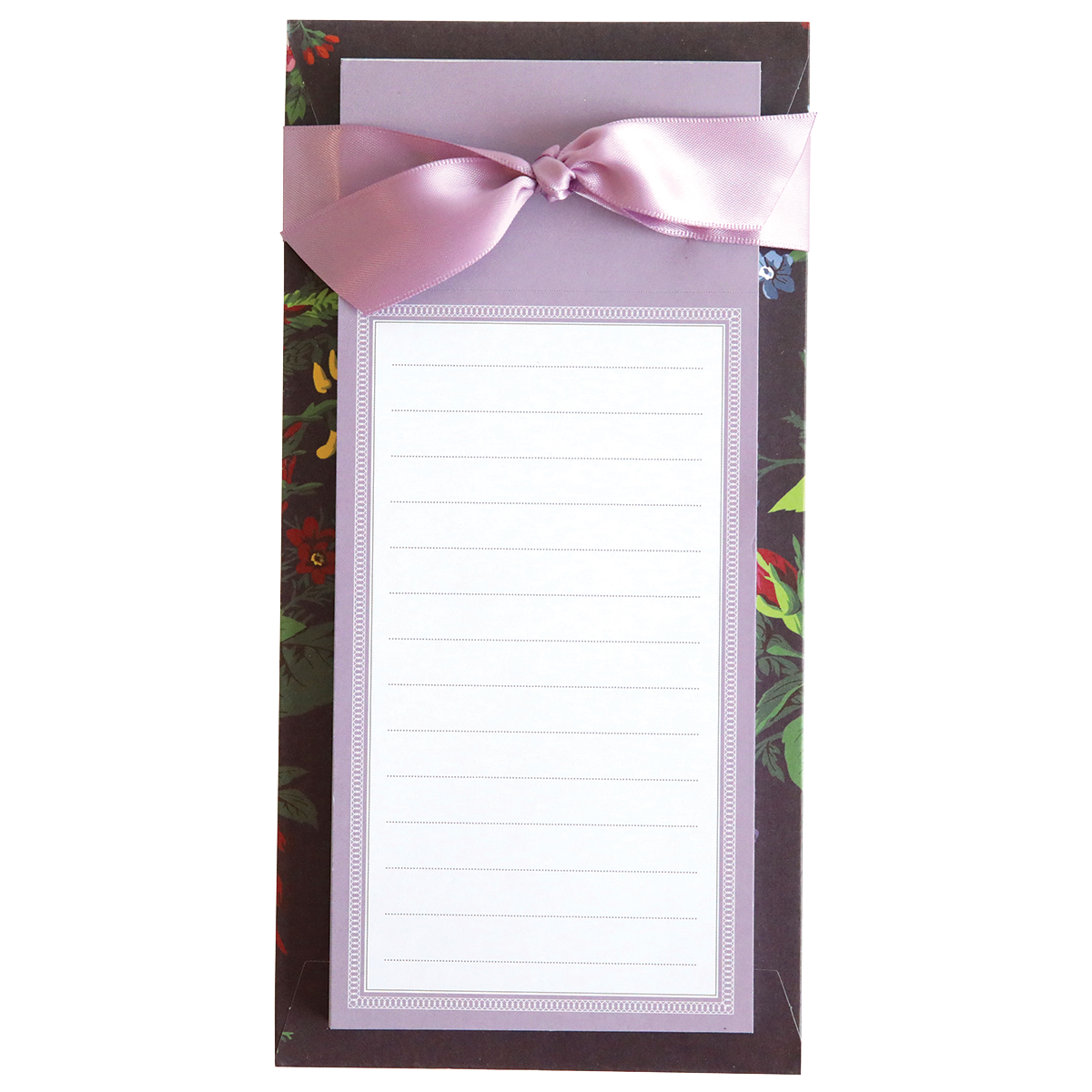 Astrid Floral List Pads note card with a pink ribbon detail on a tropical-themed background.