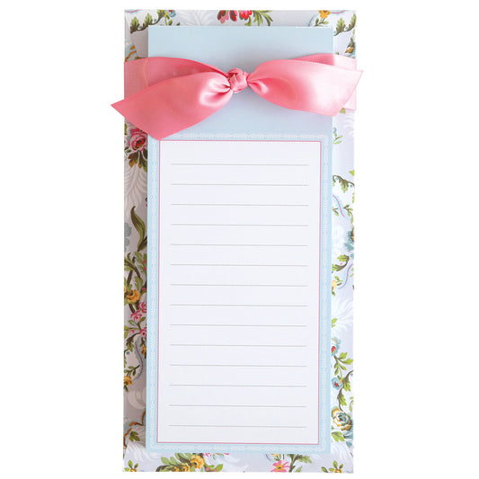 Phoebe Floral List Pads with a pink ribbon detail on a floral background.