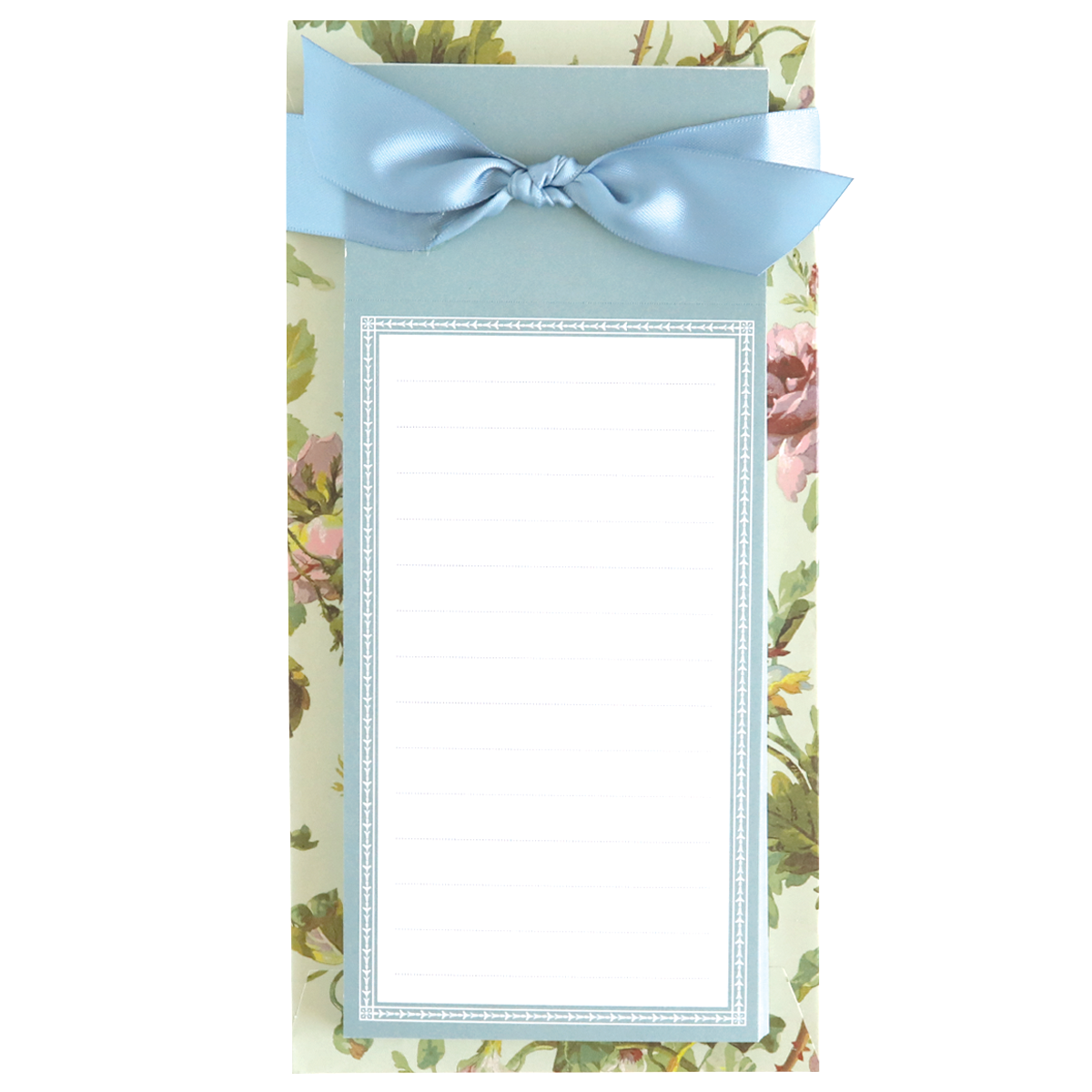 The Francesca Hostess Gift Set includes a floral list pad with blue border, blank lined sheets, and a blue satin ribbon bow—perfect as a charming hostess gift. Complete the set with a matching pen for extra elegance.