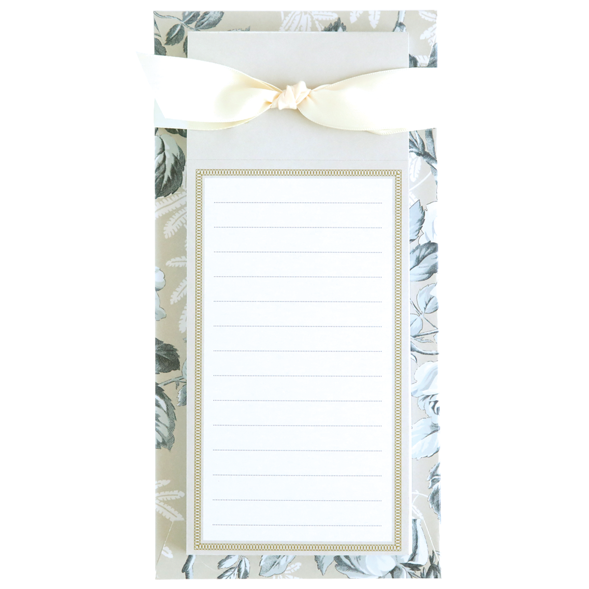 The Faded Rose List Pad is a floral-patterned notepad designed for daily tasks, with lined paper and a cream-colored bow on top.