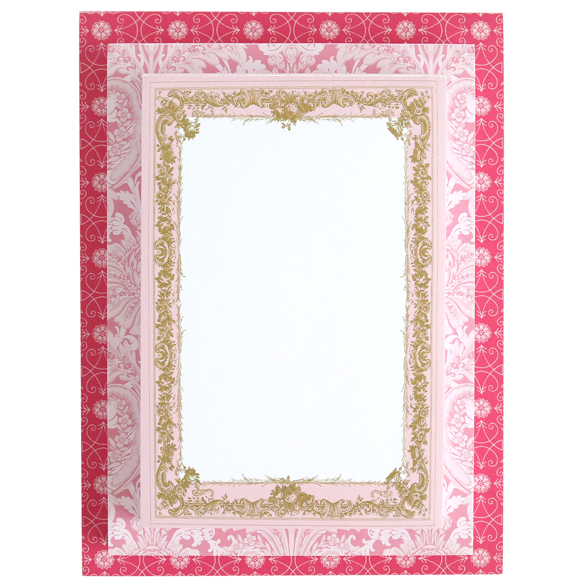 The Hot Pink Notepad Set features ornate greeting cards with a gold border and floral patterns on a vibrant red and pink background.