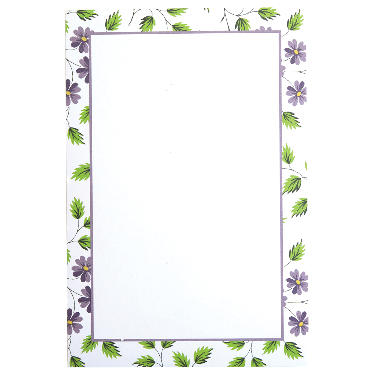 Astrid stationery note pads with a size of 300 sheets, framed by purple flowers and green leaves border.