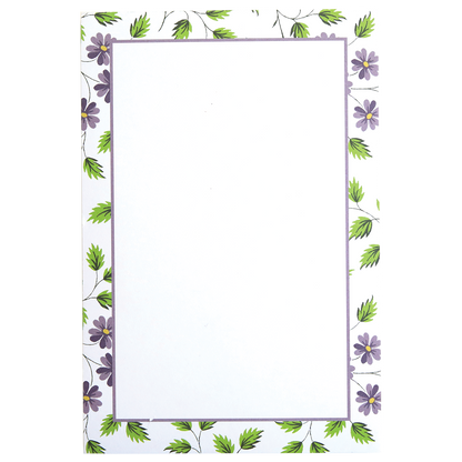 Astrid stationery note pads with a size of 300 sheets, framed by purple flowers and green leaves border.