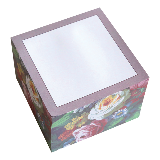 Astrid Sticky Notepad Block with a hot pink pattern and a blank label on the lid.