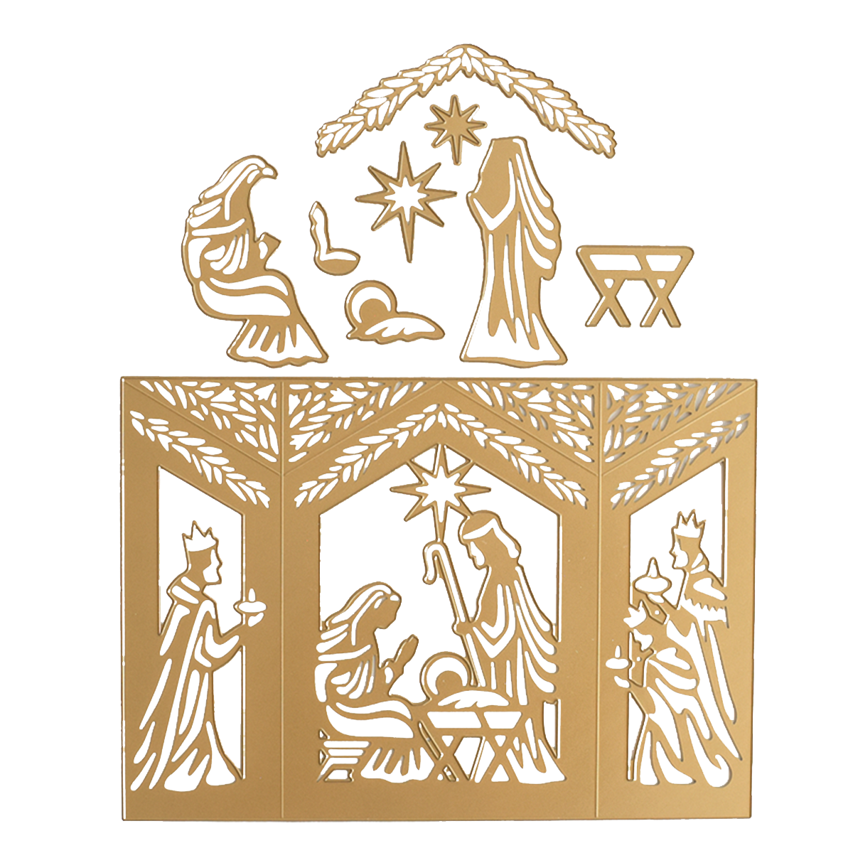 Nativity Scenes Die Set Collection: gold-colored metal craft dies featuring the holy family, three kings, stars, a manger, and a stable frame.