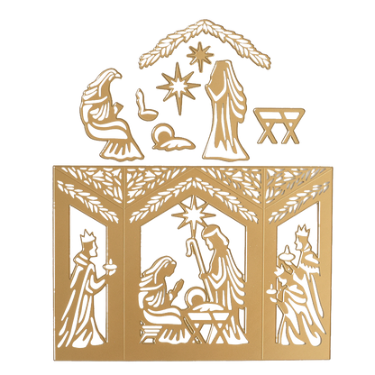 Nativity Scenes Die Set Collection: gold-colored metal craft dies featuring the holy family, three kings, stars, a manger, and a stable frame.