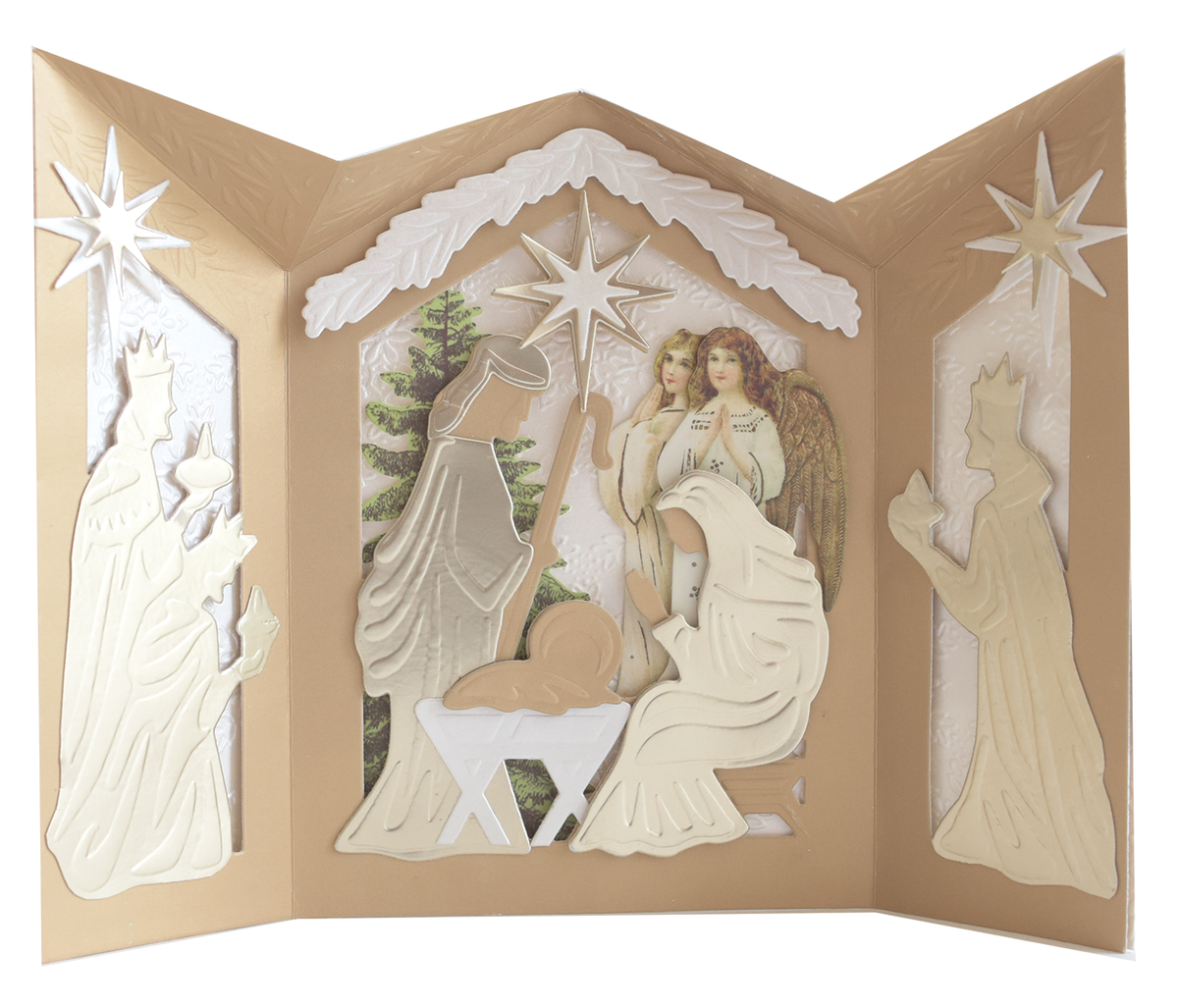 A tri-fold Nativity Scenes Die Set Collection shadow box card featuring die-cut silhouettes of the holy family, angels, and wise men, accented with stars.