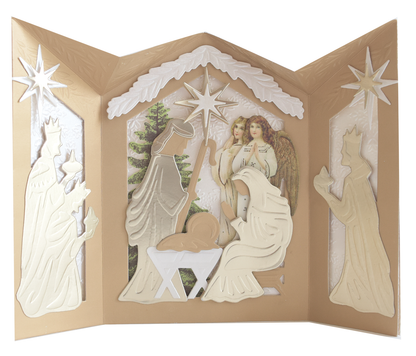 A tri-fold Nativity Scenes Die Set Collection shadow box card featuring die-cut silhouettes of the holy family, angels, and wise men, accented with stars.